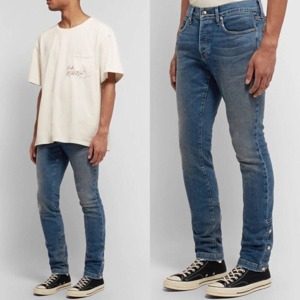 Rhude Skinny-Fit Snap- Detailed Denim Jeans - Blue 28